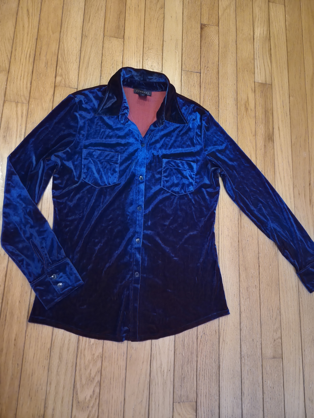 Vintage Express World Brand Blue Crushed Velvet Button Down Shirt Medium